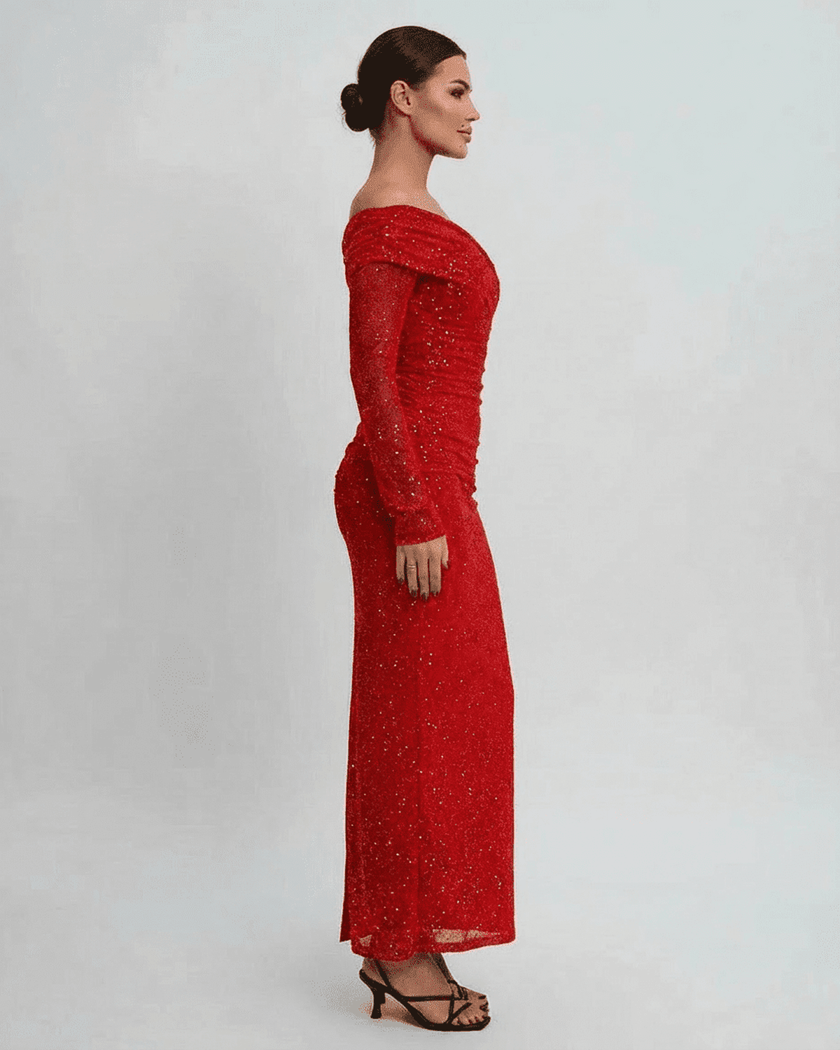 Scarlet Maxi Dress by Lauven featuring an elegant off-the-shoulder design and shimmering sequins.