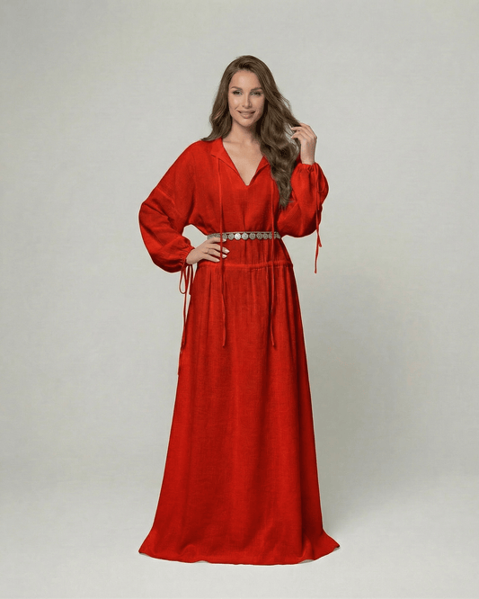 Scarlet Maxi Dress by Lauven, a stunning red cotton A-line dress with long sleeves and an adjustable waist.
