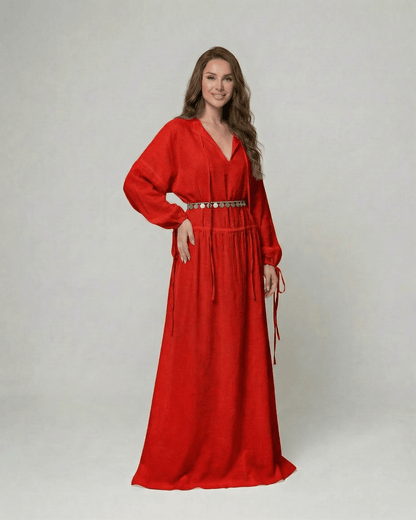 Scarlet Maxi Dress by Lauven, a red A-line cotton dress with adjustable waist and long sleeves, perfect for any occasion.