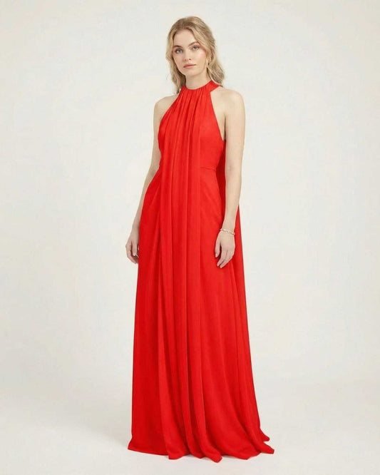 Scarlet Maxi Dress by Lauven, red halter neck sleeveless dress with loose fit and flowing silhouette.