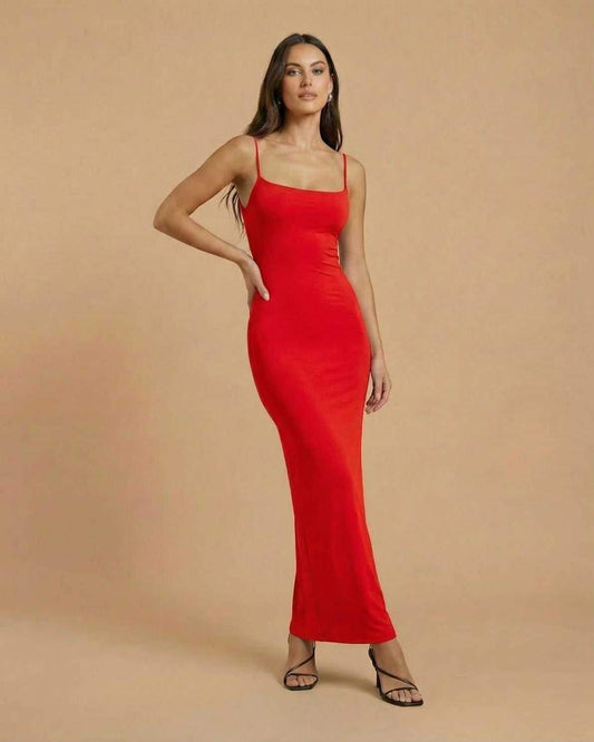 Scarlet Maxi Dress by Lauven - Sleek red maxi dress with open back design and spaghetti straps.