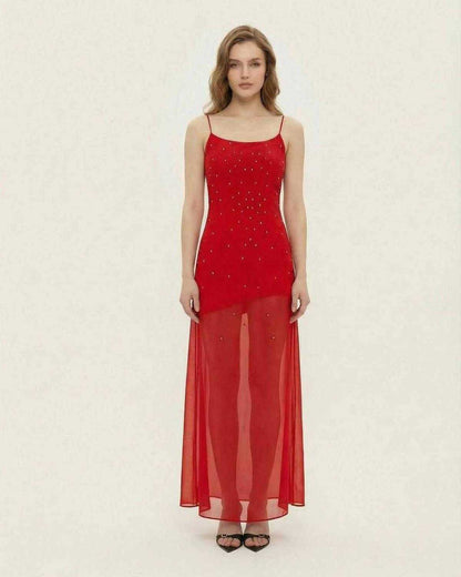 Scarlet Maxi Dress by Lauven, featuring sheer mesh and fine glitter details for a stunning A-line silhouette.