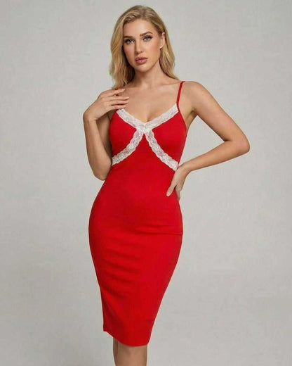Scarlet Midi Dress by Lauven, featuring elegant lace detail, form-fitting slip style in striking red.