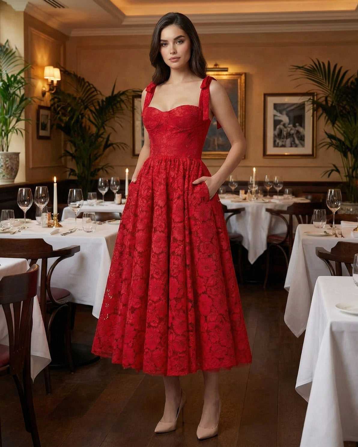 Scarlet Midi Dress by Lauven in red lace, elegant A-line design perfect for summer events.