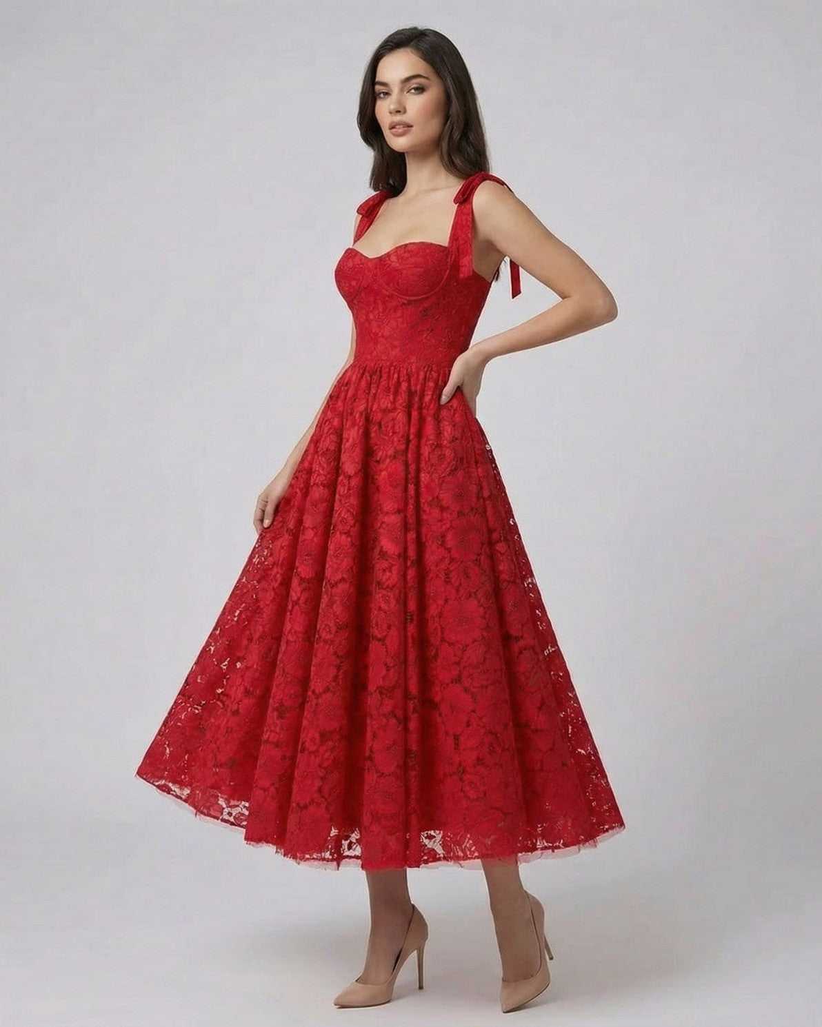 Scarlet Midi Dress by Lauven showcasing lace A-line elegance for summer events.