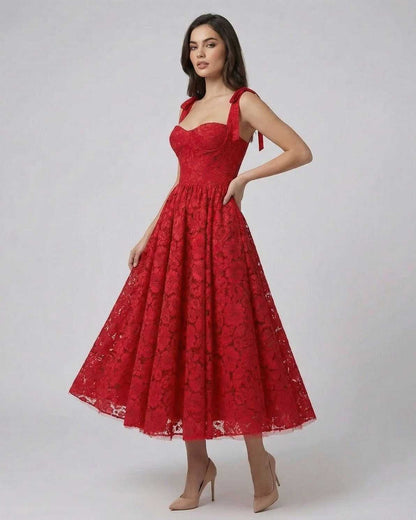 Scarlet Midi Dress by Lauven showcasing lace A-line elegance for summer events.
