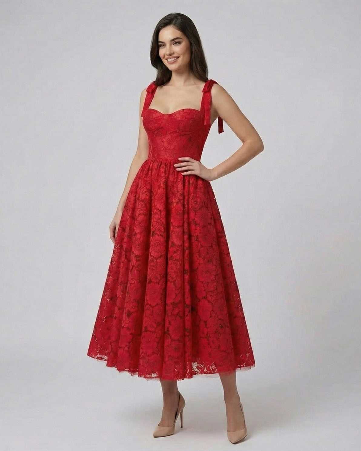 Scarlet Midi Dress by Lauven, featuring a lace A-line design perfect for summer events.