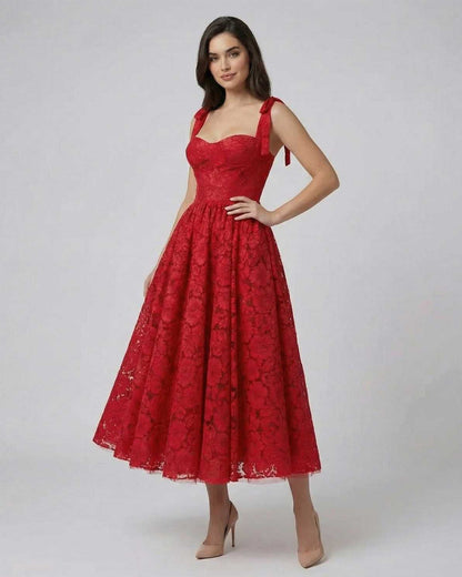 Scarlet Midi Dress by Lauven, featuring lace A-line design and elegant silhouette for summer events.