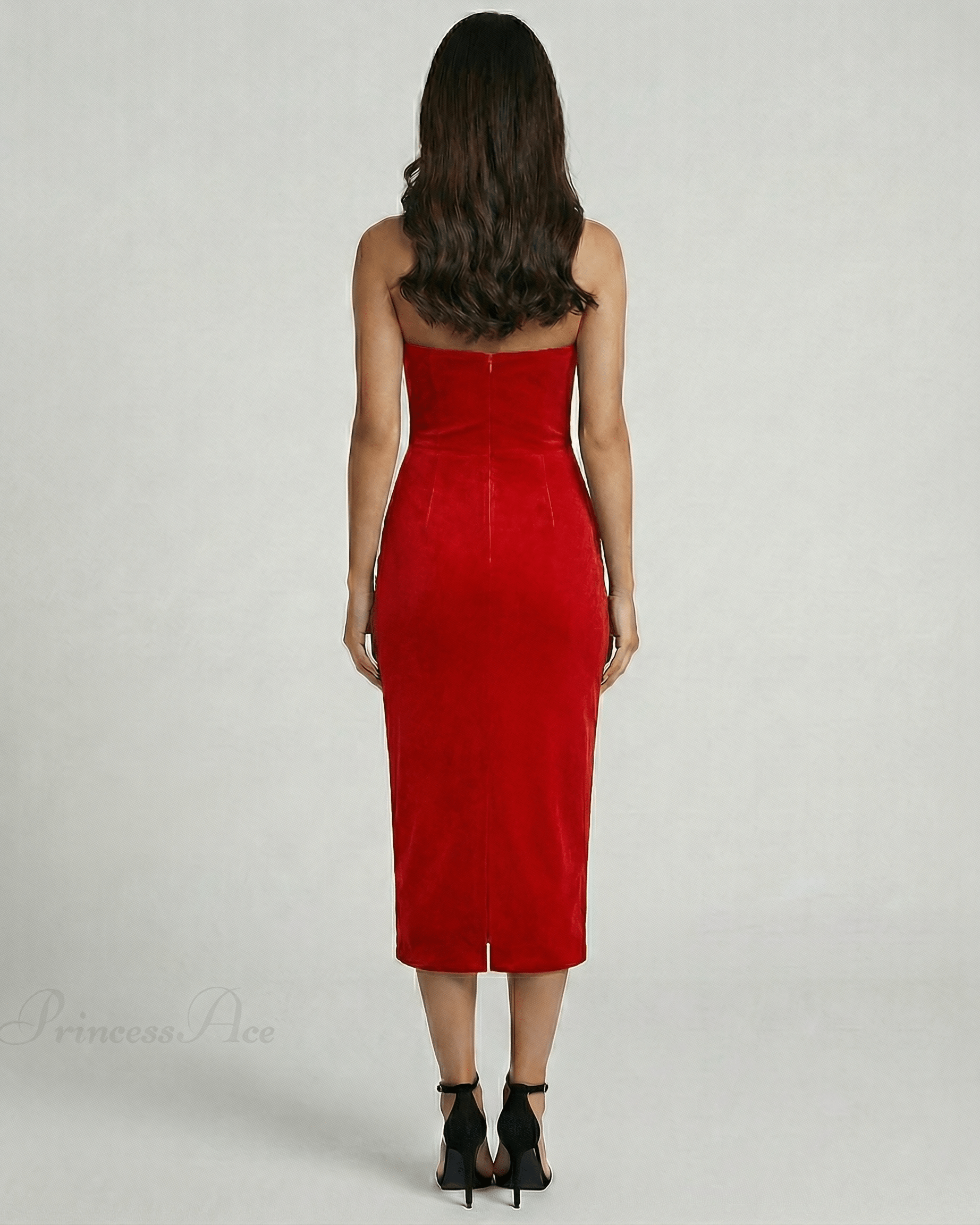 Back view of the Scarlet Midi Dress by Lauven, showcasing its sleek strapless silhouette and bold red color.