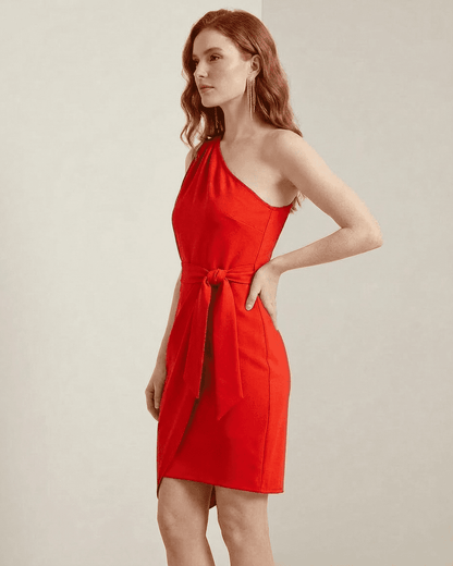 Scarlet Mini Dress by Lauven - Elegant one-shoulder satin dress with high-waist and asymmetrical hem in bold red.