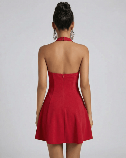 Scarlet Mini Dress by Lauven showcasing a flared red silhouette from the back.
