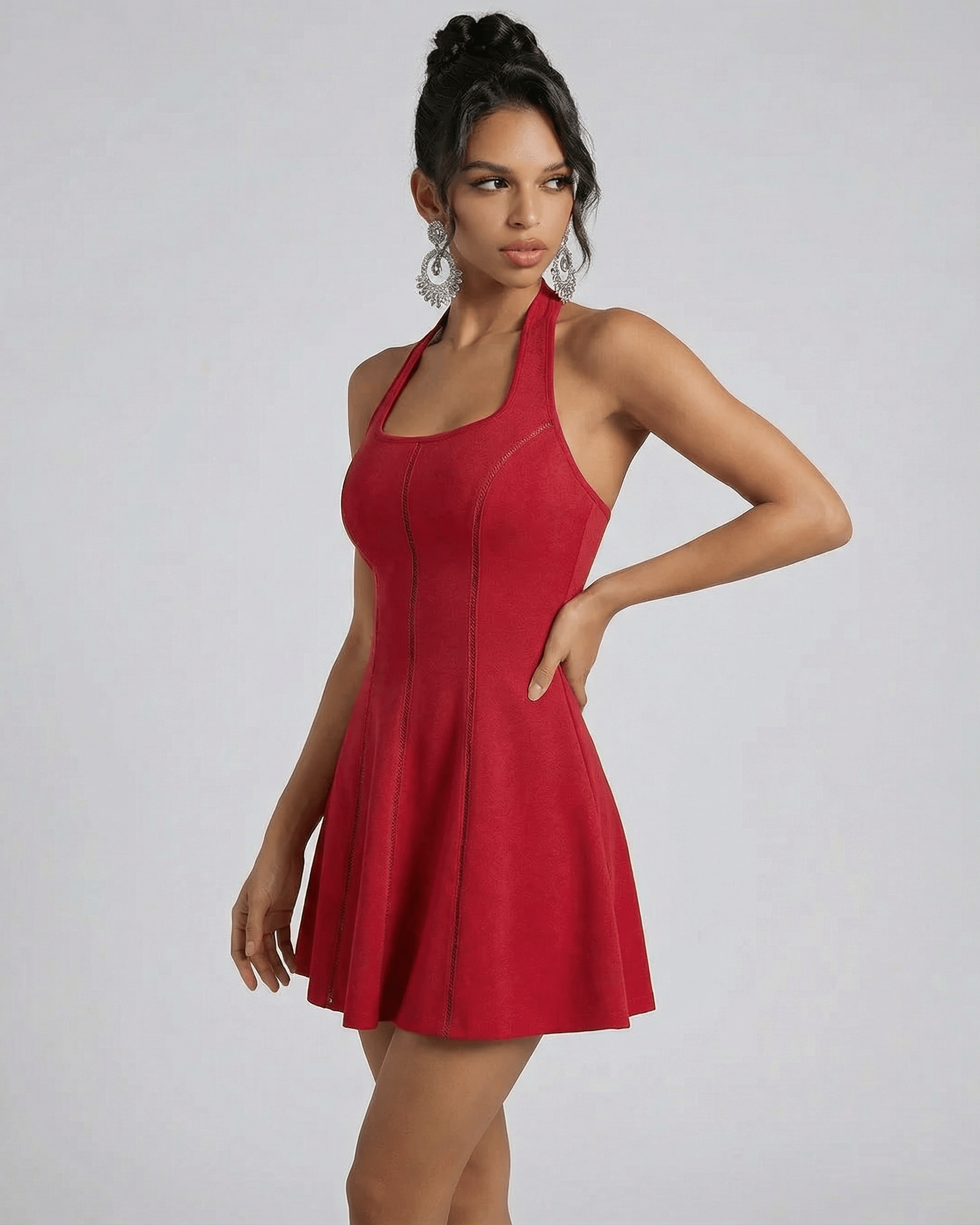 Scarlet Mini Dress by Lauven, showcasing a red flared silhouette and U-neckline in a stylish and elegant design.