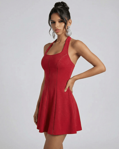 Scarlet Mini Dress by Lauven featuring a red flared silhouette and structured U-neckline.
