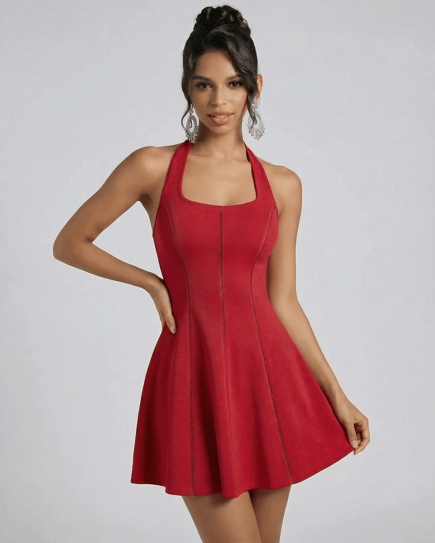 Scarlet Mini Dress by Lauven featuring a red flared silhouette and a smooth solid-color finish.