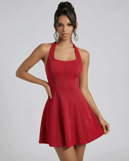 Scarlet Mini Dress by Lauven featuring a red flared silhouette and a smooth solid-color finish.