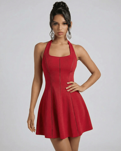 Scarlet Mini Dress by Lauven, showcasing a red flared silhouette and smooth finish, perfect for elevated occasions.