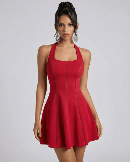 Scarlet Mini Dress by Lauven, red flared silhouette, sleeveless design, perfect for elegant occasions.