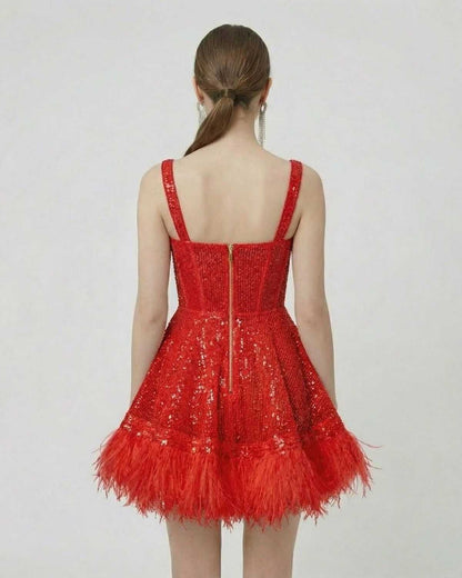 Back view of Lauven Scarlet Mini Dress showcasing red sequins and faux fur hem.
