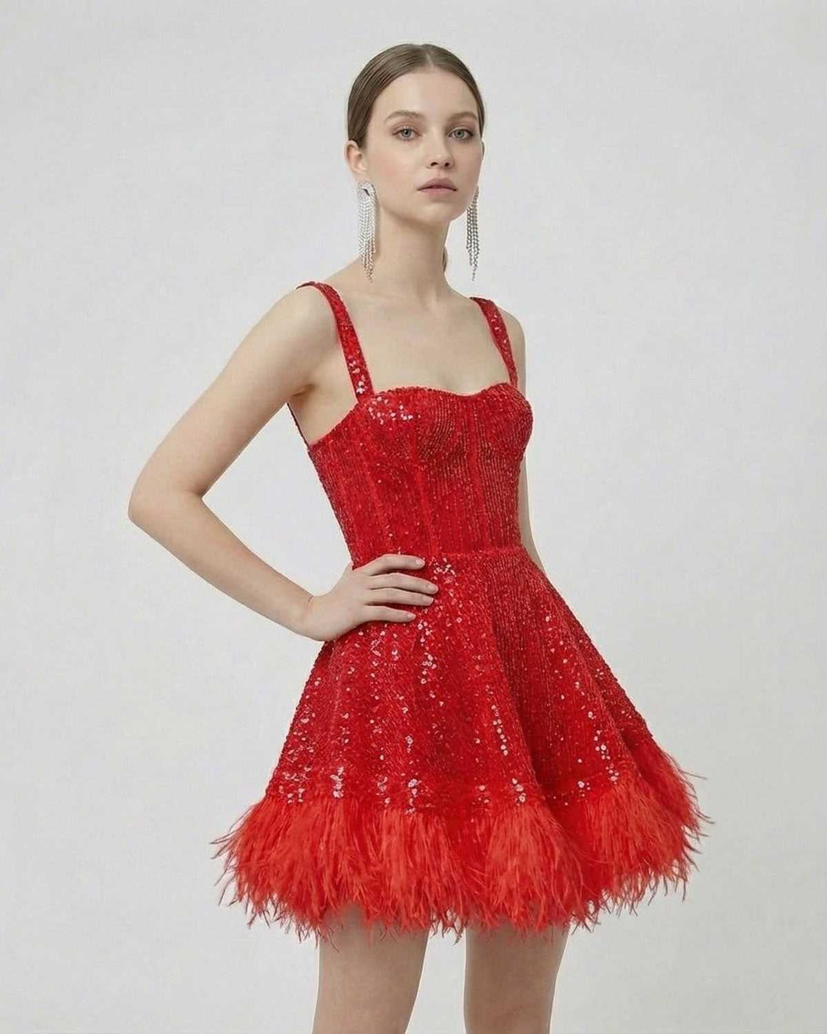 Scarlet Mini Dress by Lauven - Red sequin A-line mini dress with faux fur hem and spaghetti straps.