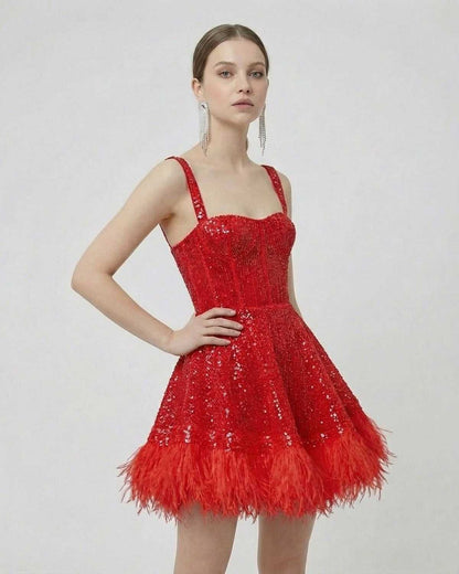 Scarlet Mini Dress by Lauven - Red sequin A-line mini dress with faux fur hem and spaghetti straps.