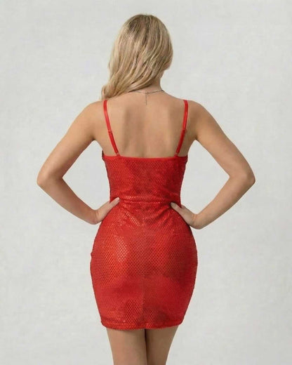 Scarlet Mini Dress by Lauven, red sequin bodycon mini dress with faux fur accent, showcasing a flattering back view.