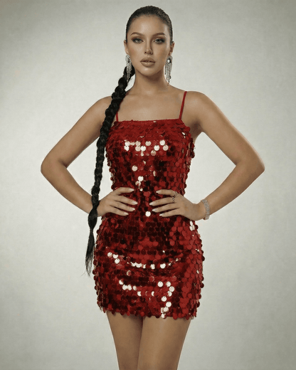 Scarlet Mini Dress by Lauven - Sleek red sequin mini dress showcasing a modern sleeveless design.