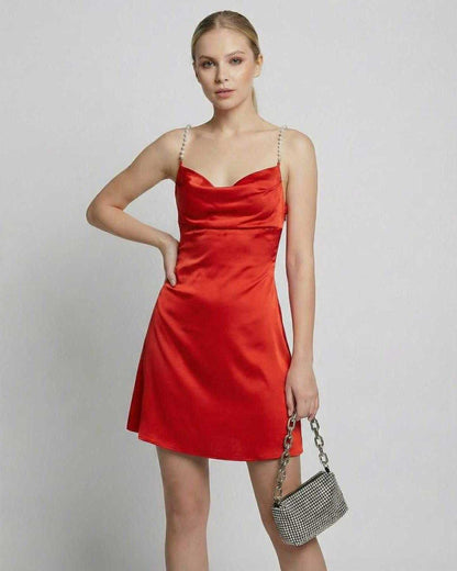 Scarlet Mini Dress by Lauven - Women’s satin sheath mini dress with draped neck and pearl strap detail.