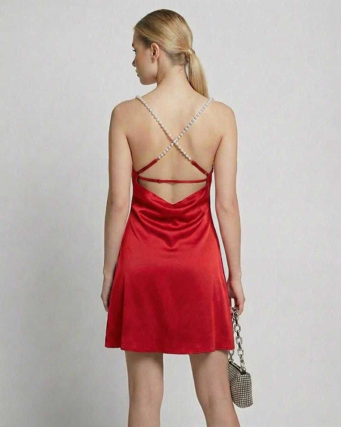 Scarlet Mini Dress by Lauven showcasing a satin sheath design with elegant pearl strap detailing.