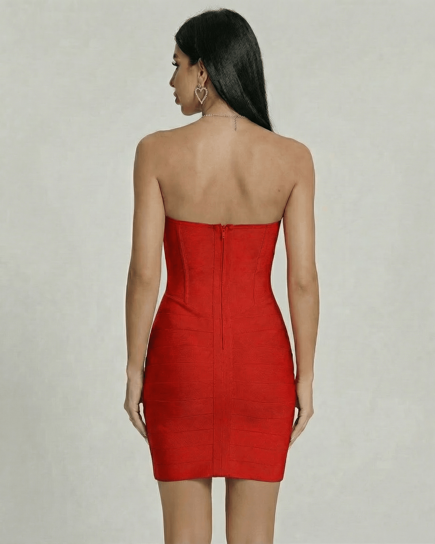 Back view of the Lauven Scarlet Mini Dress showcasing its strapless design and sleek silhouette.