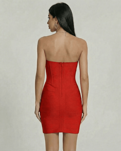 Back view of the Lauven Scarlet Mini Dress showcasing its strapless design and sleek silhouette.