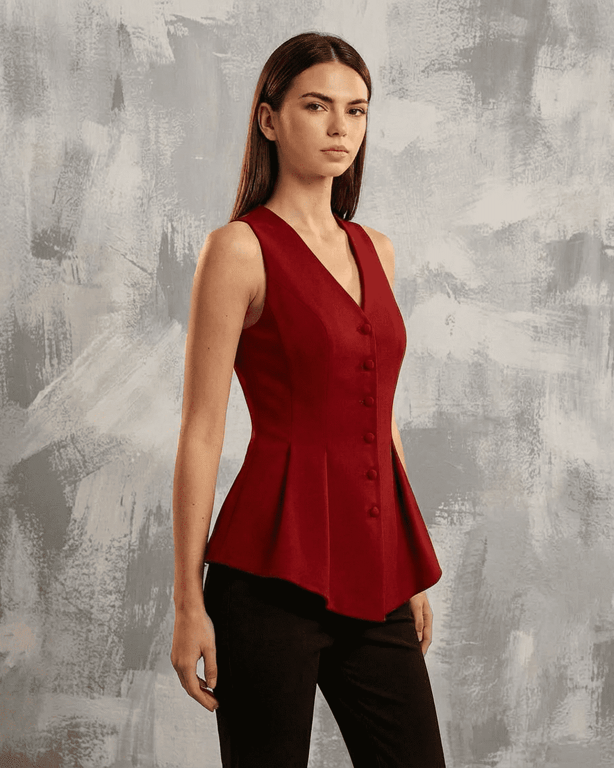 Lauven Scarlett Blouse in rich red tone, tailored sleeveless V-neck design with button-front for elegant style.