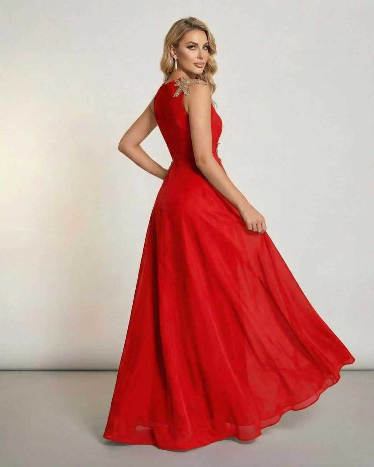 Scarlett Maxi Dress by Lauven featuring a sleeveless design and elegant patchwork detail in a flowing red silhouette.