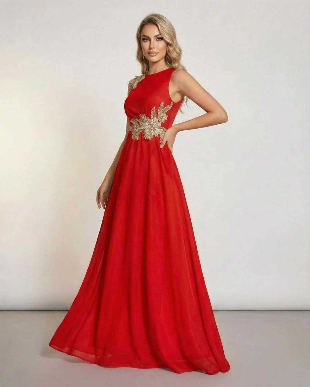 Scarlett Maxi Dress by Lauven - Sleeveless red maxi dress with ornate patchwork detailing and flowing silhouette.