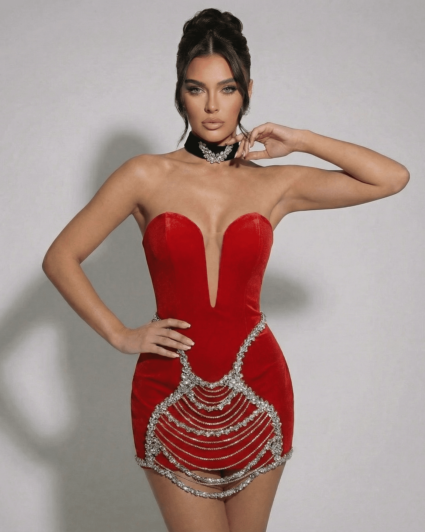 Scarlett Mini Dress by Lauven - Velvet bodycon design with deep V-neckline and rhinestone chain detail.