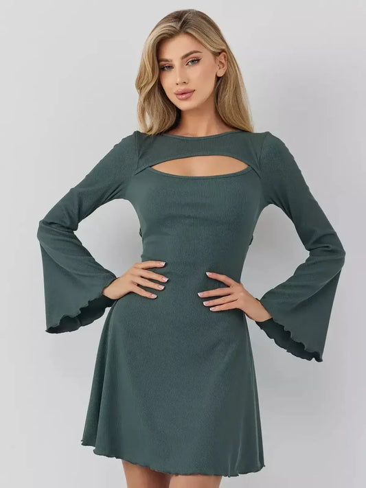 Sculpt Flare dark olive mini dress by Lauven featuring bell sleeves and a cut-out neckline.