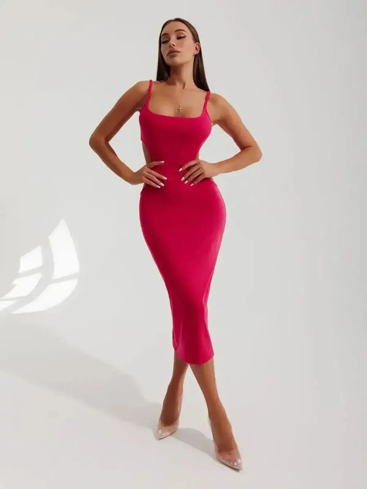 Sculpt Midi Dress by Lauven – Contour cutouts and luxe ribbed knit in a vibrant pink bodycon silhouette.