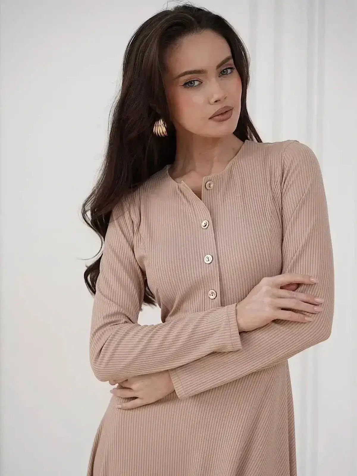 Sculpted Ease Midi Dress by Lauven in smooth beige with ribbed knit and gold-tone buttons, perfect for elegant styling.