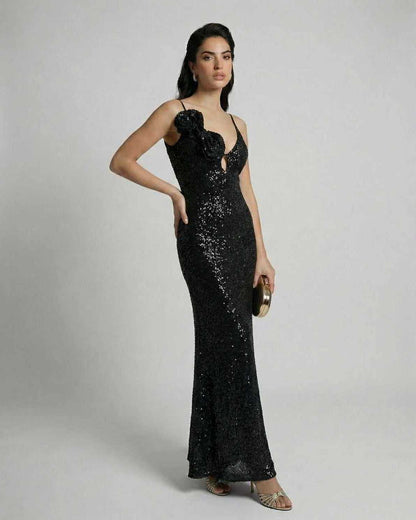 Selene Maxi Dress by Lauven - Black sequin ankle-length dress with floral accents and slim silhouette.