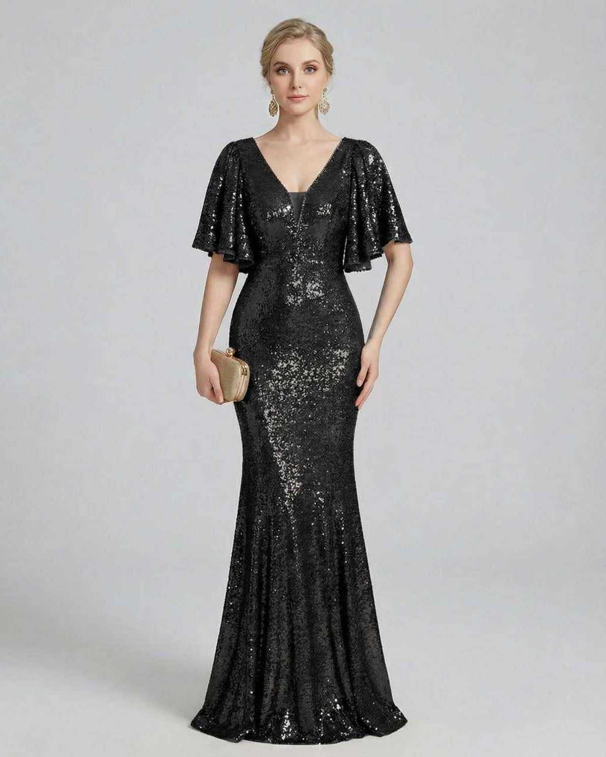 Selene Maxi Dress by Lauven, sleek black sequin evening gown with trumpet shape, perfect for formal occasions.