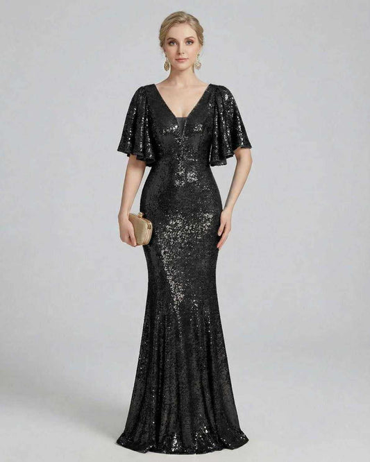 Selene Maxi Dress by Lauven, sleek black sequin evening gown with trumpet shape, perfect for formal occasions.