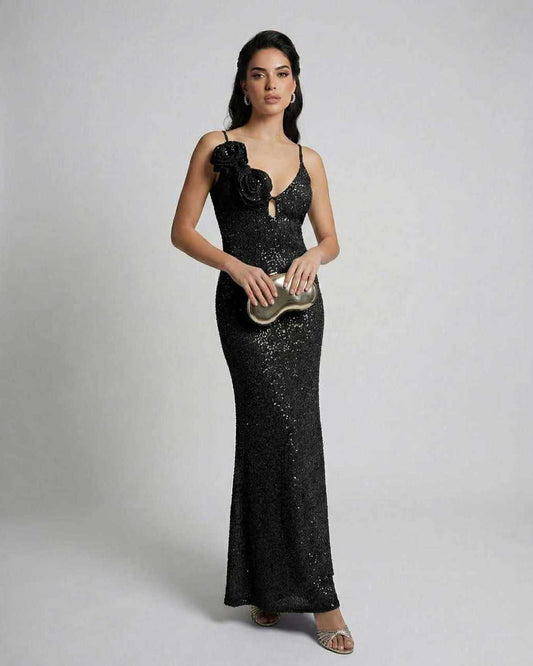 Selene Maxi Dress by Lauven - Elegant black sequin ankle-length sheath dress with floral accent.