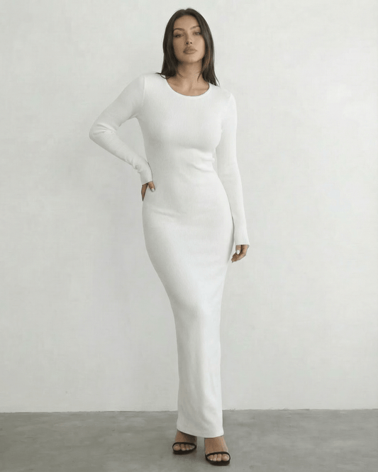Selene Maxi Dress by Lauven - Long Sleeve White Maxi Dress showcasing an open back and sleek pencil silhouette.
