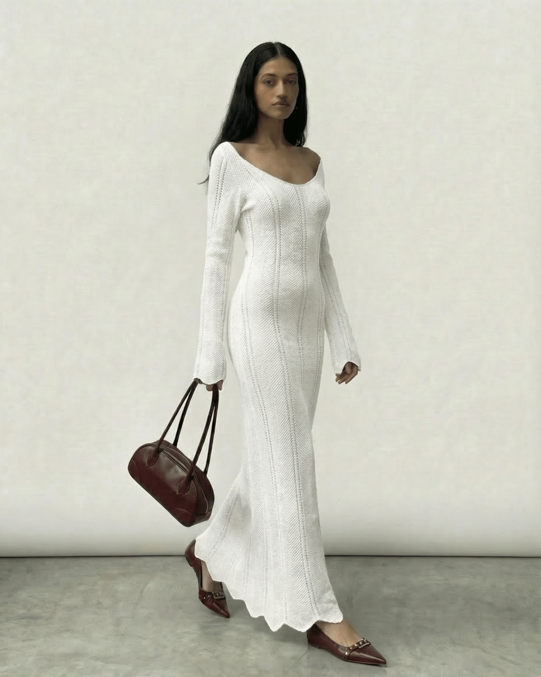 Selene Maxi Dress by Lauven - Elegant ivory ribbed bodycon dress with V-neck and long flare sleeves.