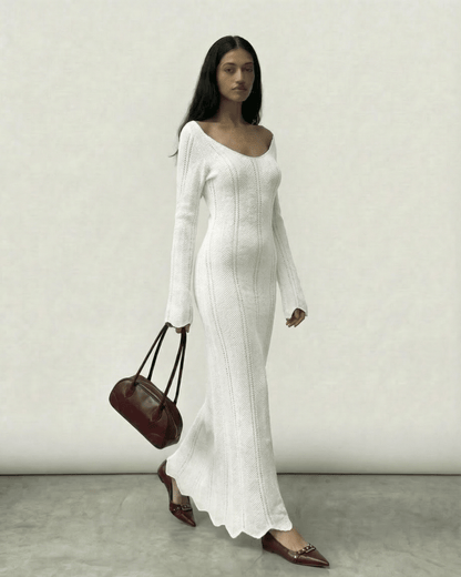 Selene Maxi Dress by Lauven - Elegant ivory ribbed bodycon dress with V-neck and long flare sleeves.