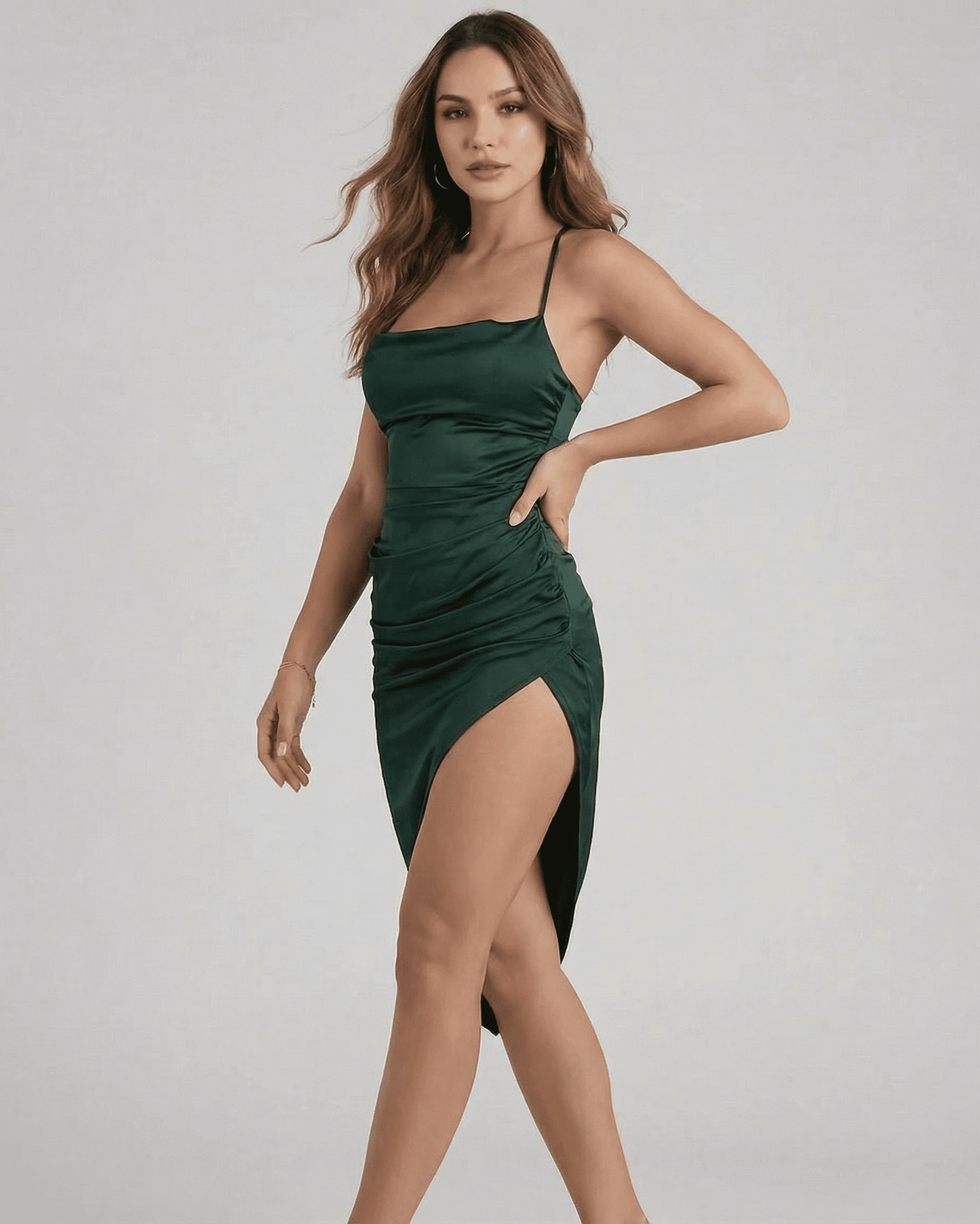 Selene Midi Dress by Lauven in lush green satin with elegant pleating, perfect for sophisticated occasions.