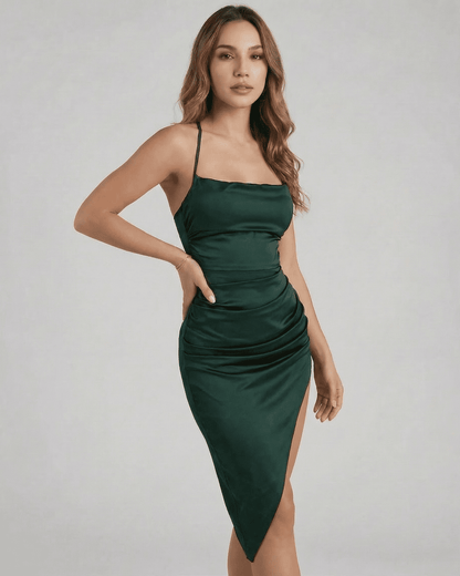 Selene Midi Dress by Lauven - Elegant green satin dress with flattering silhouette and stylish pleating.