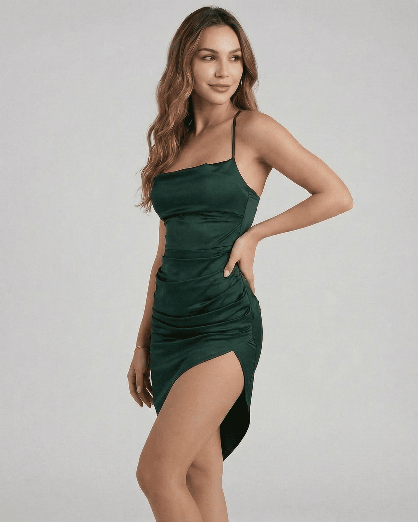 Selene Midi Dress by Lauven, sleek satin silhouette with elegant pleating in green, perfect for sophisticated occasions.