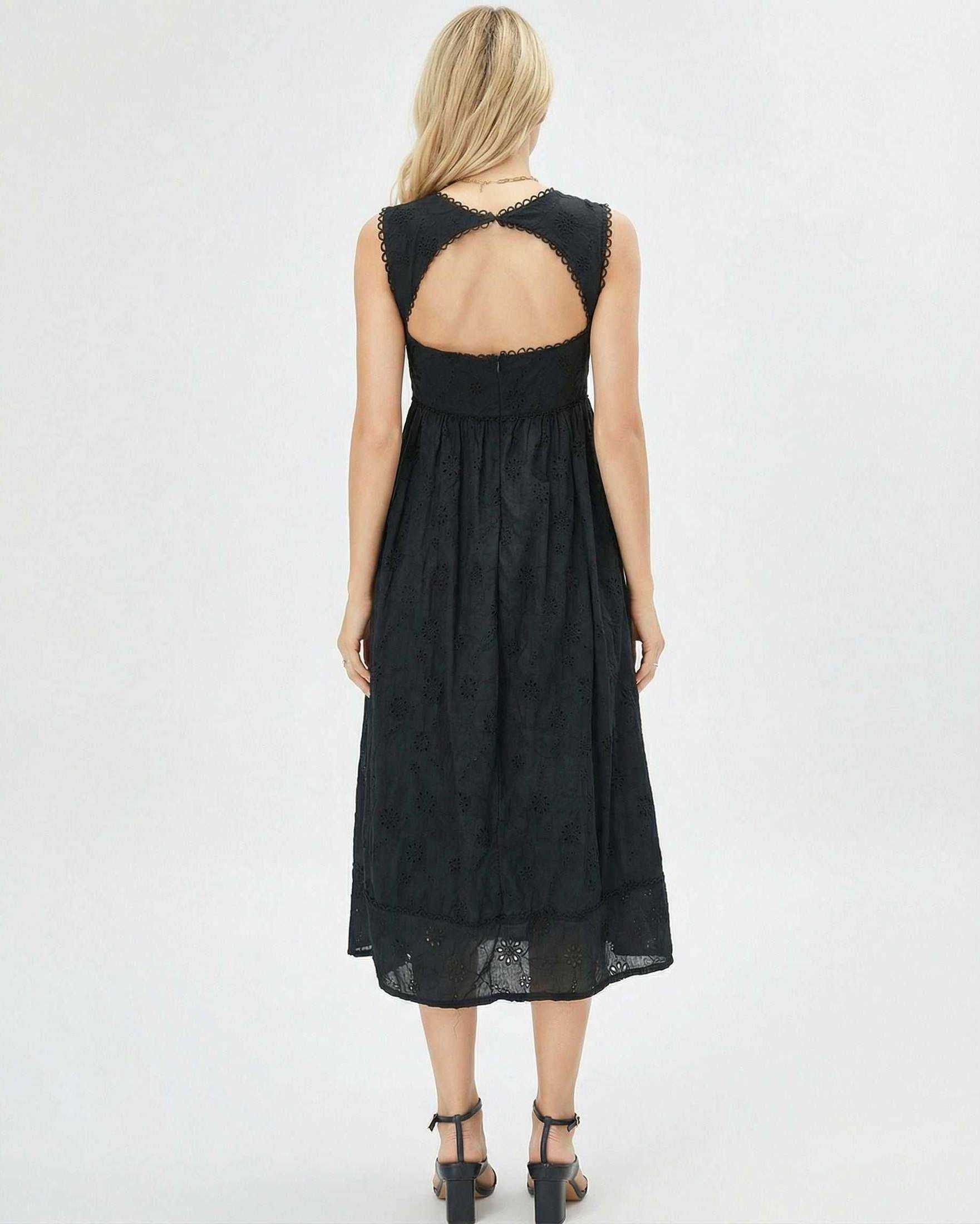 Back view of the Selene Midi Dress by Lauven, featuring a lace-trimmed square neck and flattering empire waist.