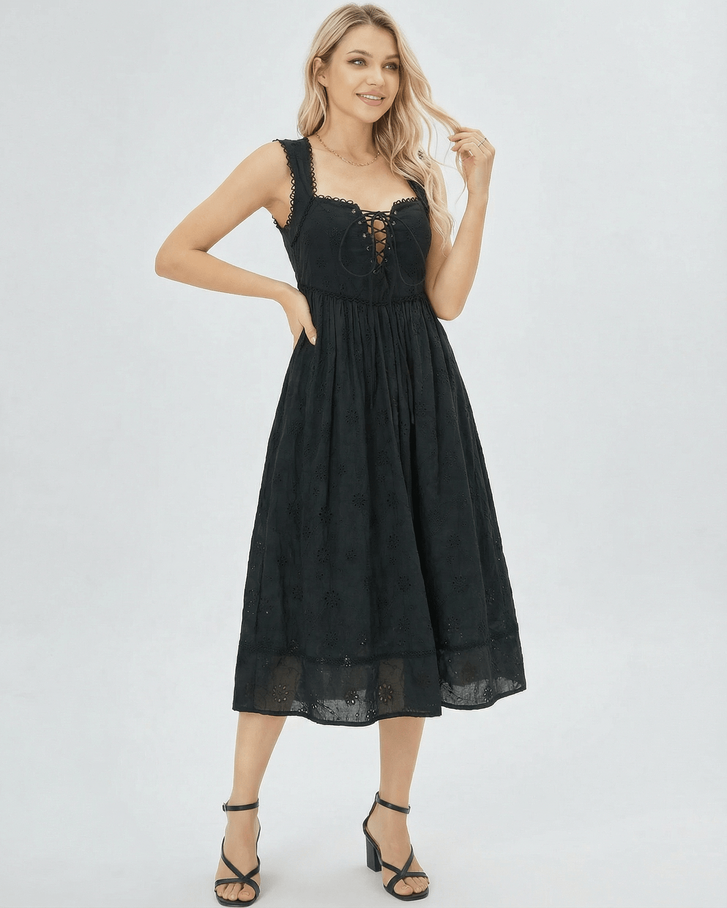Selene Midi Dress by Lauven, elegant black lace-trim square neck midi dress with empire waist for women.