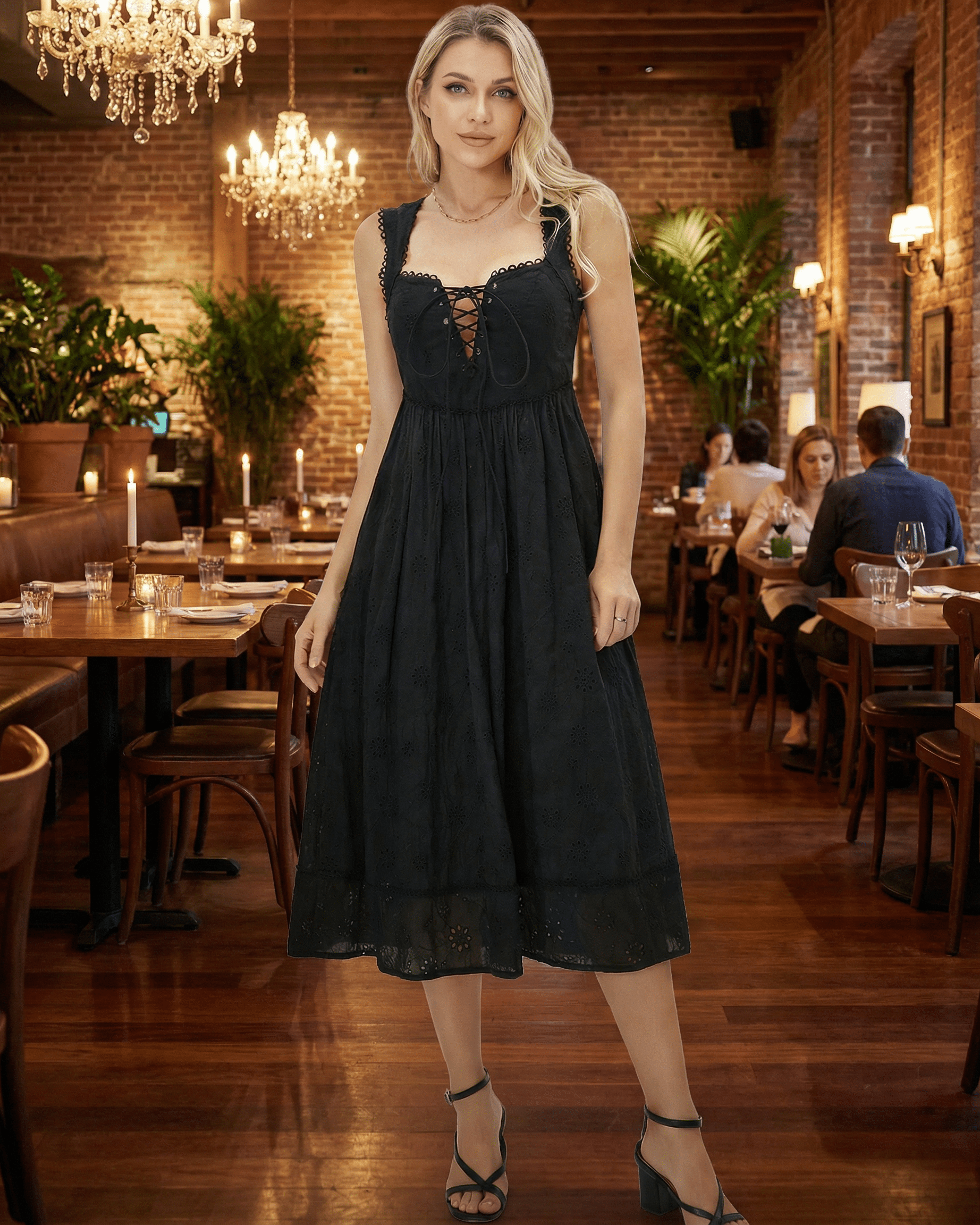 Selene Midi Dress by Lauven, a lace-trim square neck midi dress with empire waist in chic black.